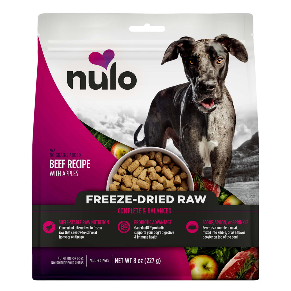 Nulo Freeze-Dried Raw Beef with Apples bag displayed for convenient feeding.