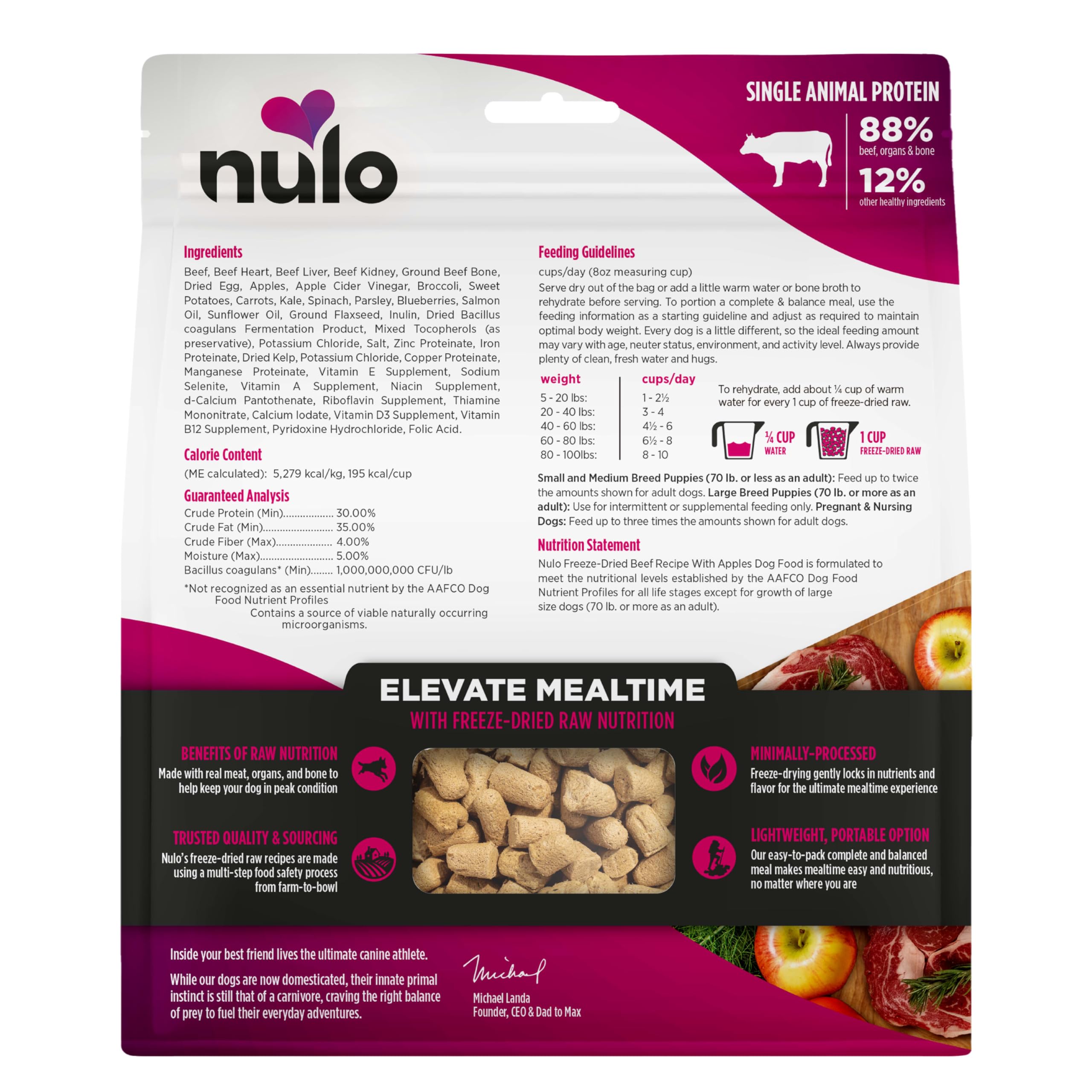 Nulo Freeze-Dried Raw Beef with Apples features BC30 probiotic for gut health.