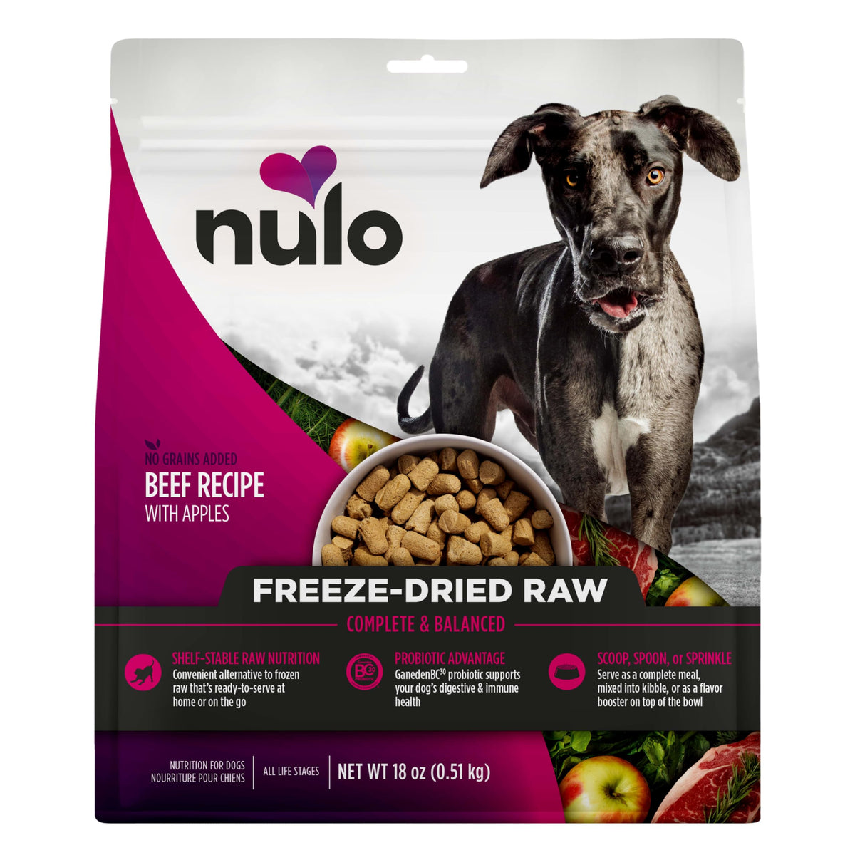 Nulo freeze-dried raw beef recipe bag highlights convenient shelf-stable nutrition