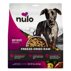 Nulo freeze-dried raw beef recipe bag highlights convenient shelf-stable nutrition
