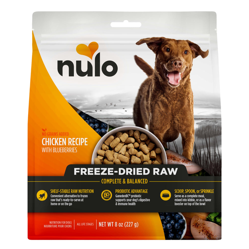 Nulo Freeze-Dried Raw Chicken with Blueberries bag shows portable complete nutrition.