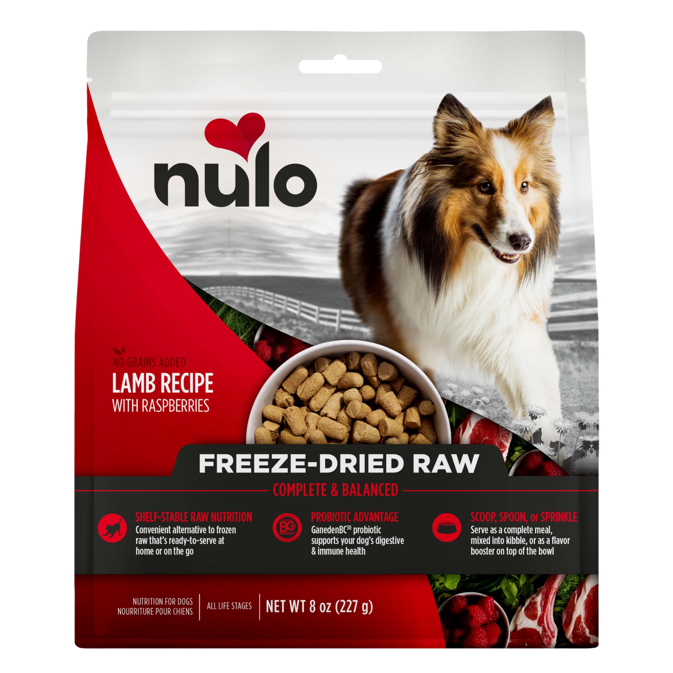 Nulo Freeze-Dried Raw Lamb bag on shelf offering convenient raw nutrition for dogs