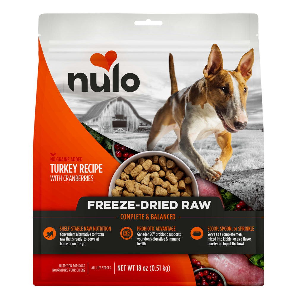 Nulo freeze-dried raw turkey bag showing ingredients and packaging for easy meals