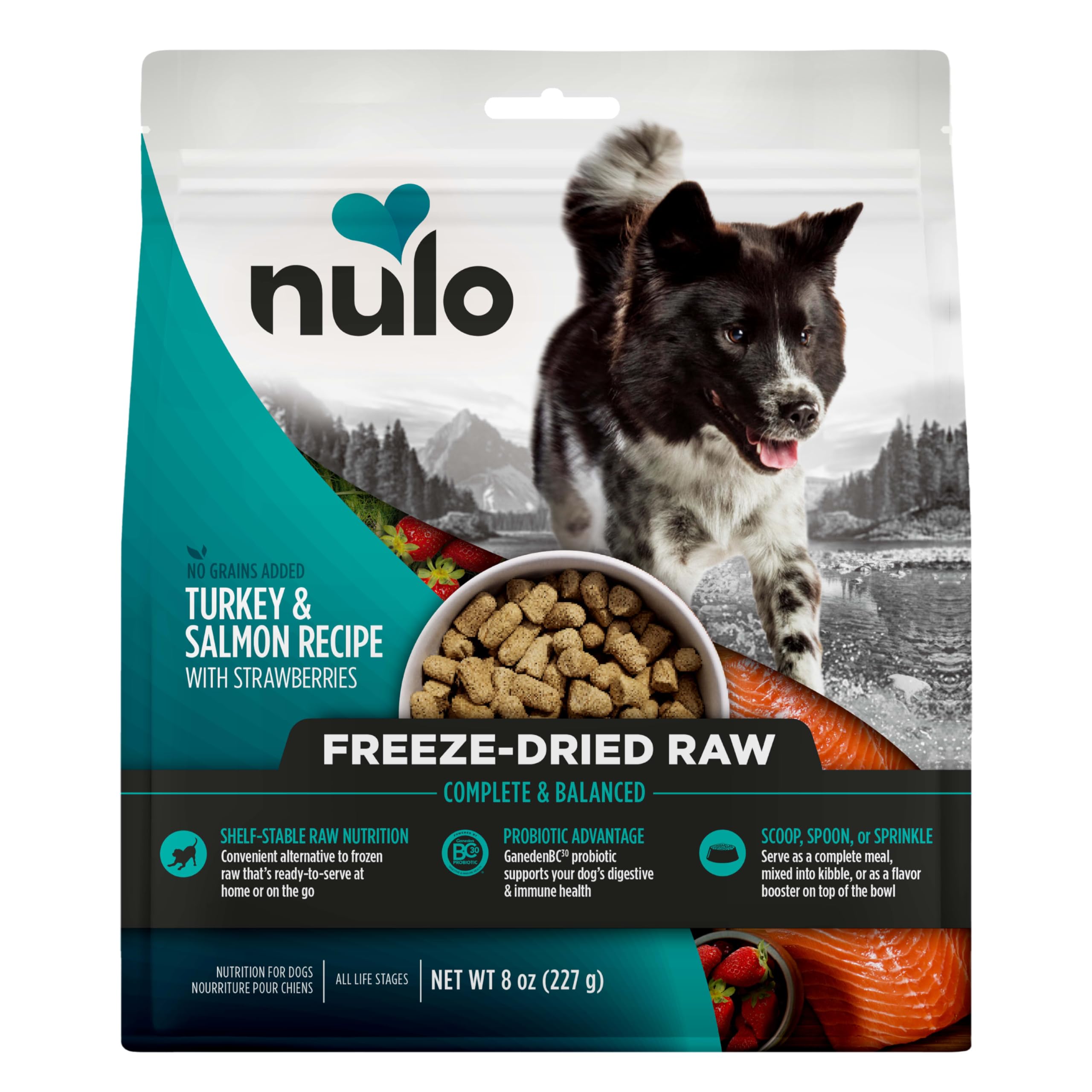 Nulo freeze-dried turkey-salmon bag close-up shows high-protein nutrition for dogs.
