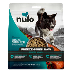 Nulo freeze-dried turkey-salmon bag close-up shows high-protein nutrition for dogs.