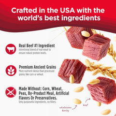 Nulo Frontrunner ancient grains mix close-up emphasizes balanced nutrition and easy digestion