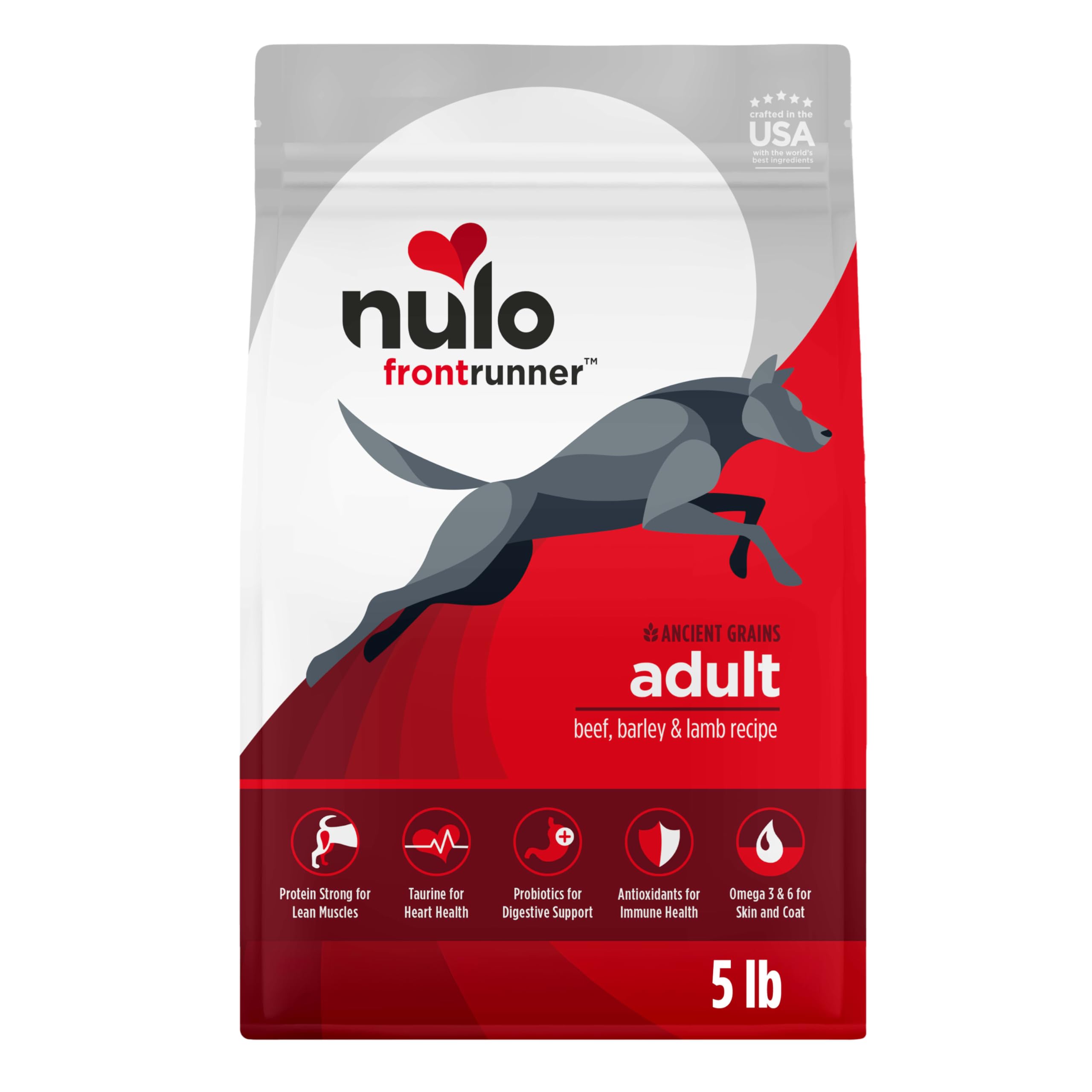 Nulo Frontrunner beef-barley kibble close-up showing high-protein bites for lean muscle