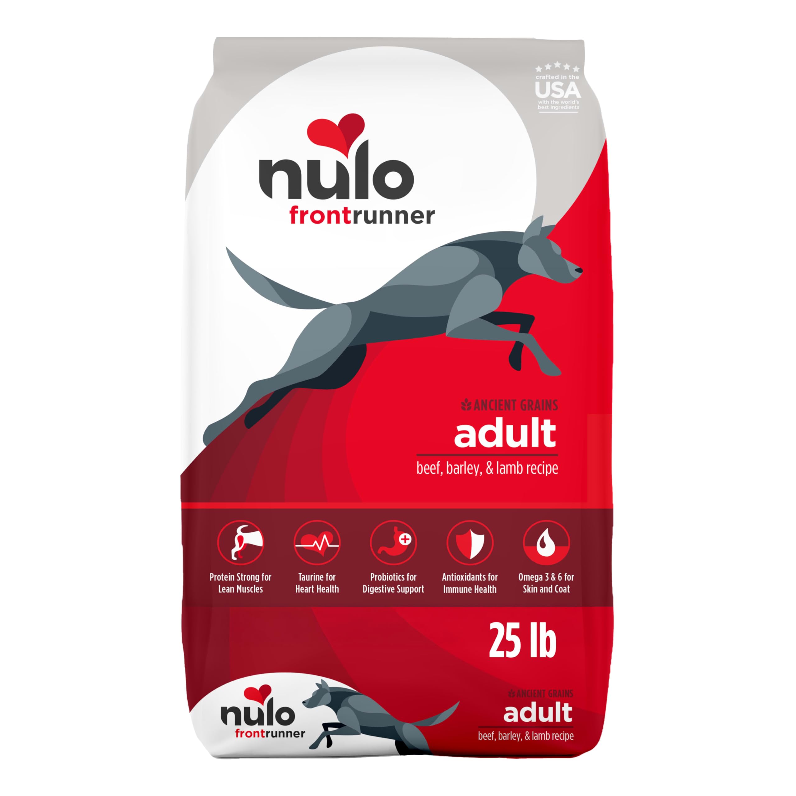 Nulo Frontrunner beef-barley-lamb kibble close-up supports lean muscle and palatability.