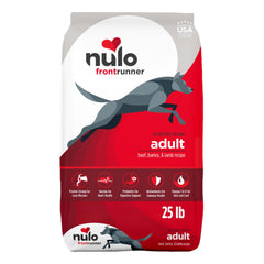 Nulo Frontrunner beef-barley-lamb kibble close-up supports lean muscle and palatability.