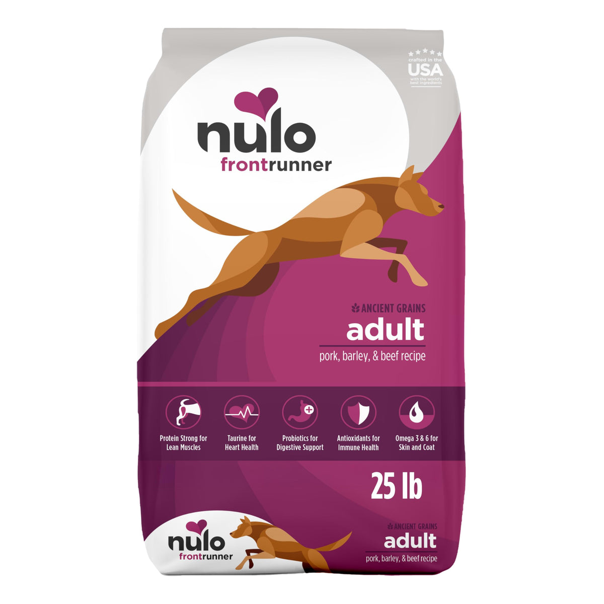 Nulo Frontrunner pork-barley-beef dry food bag highlights quality ingredients for all sizes.