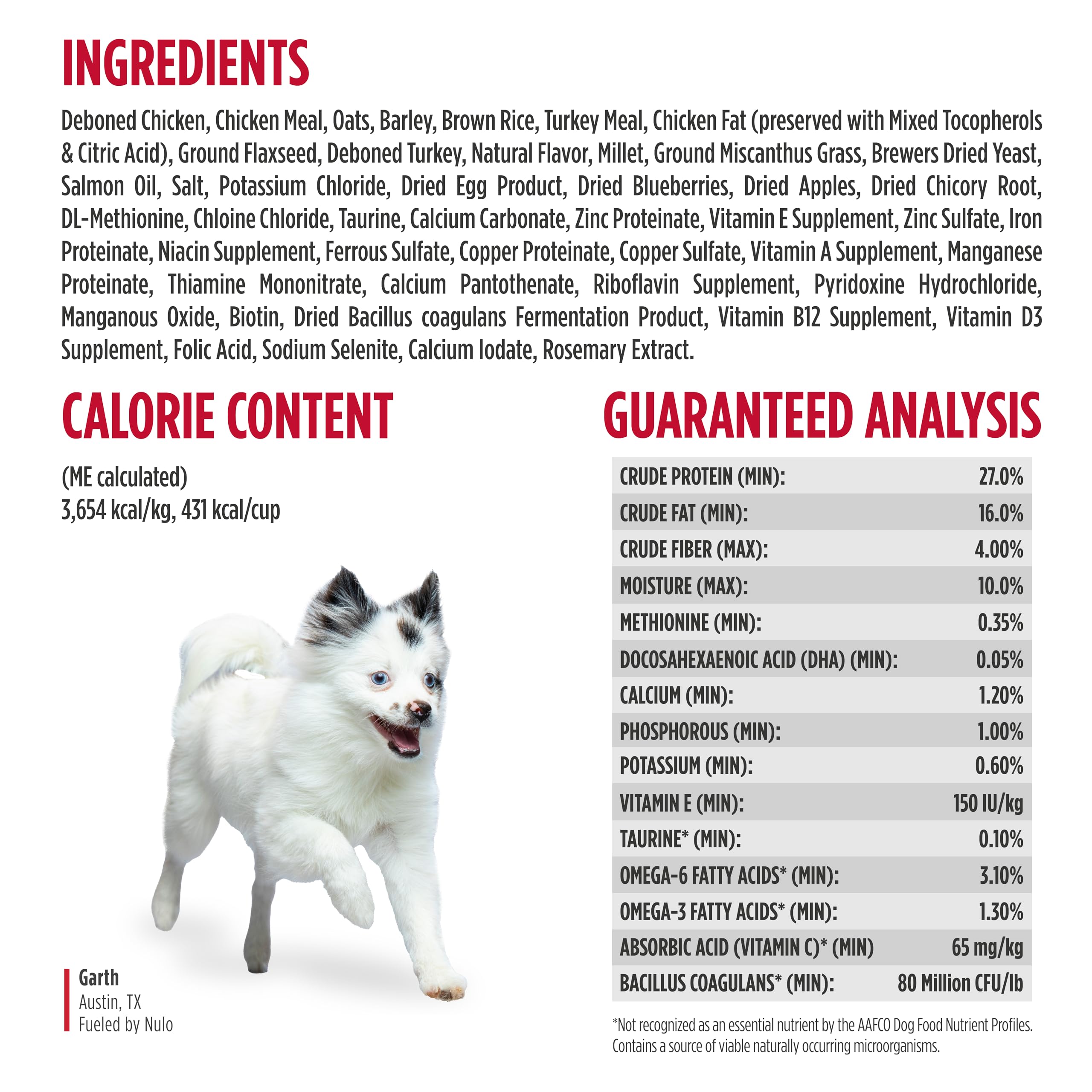 Nulo Frontrunner puppy ingredients feature chicken and turkey