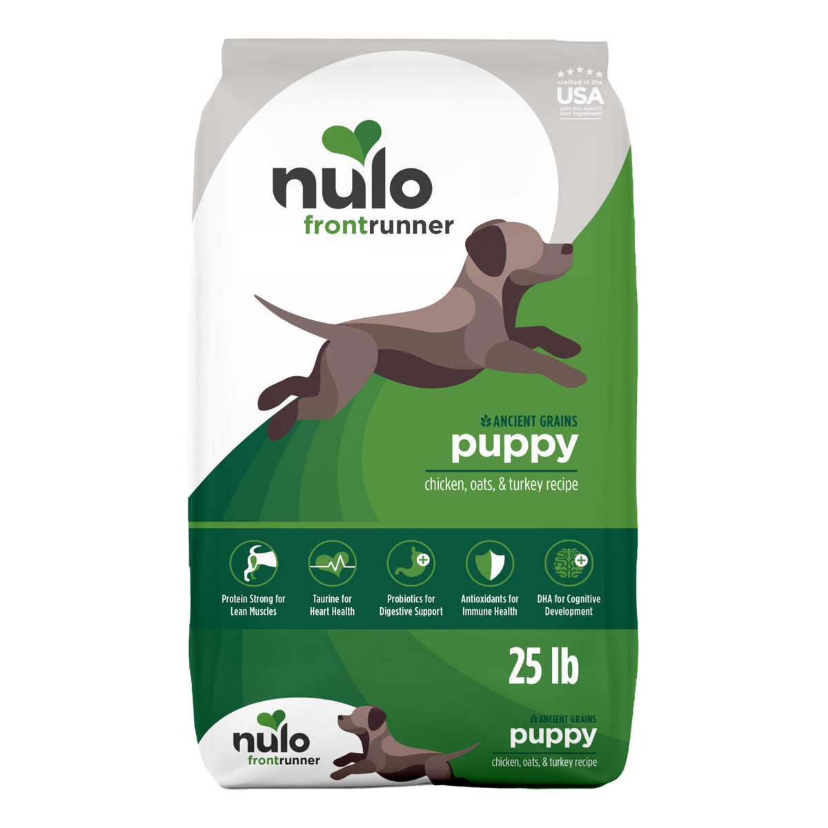 Nulo Frontrunner puppy kibble closeup showing lean muscle support