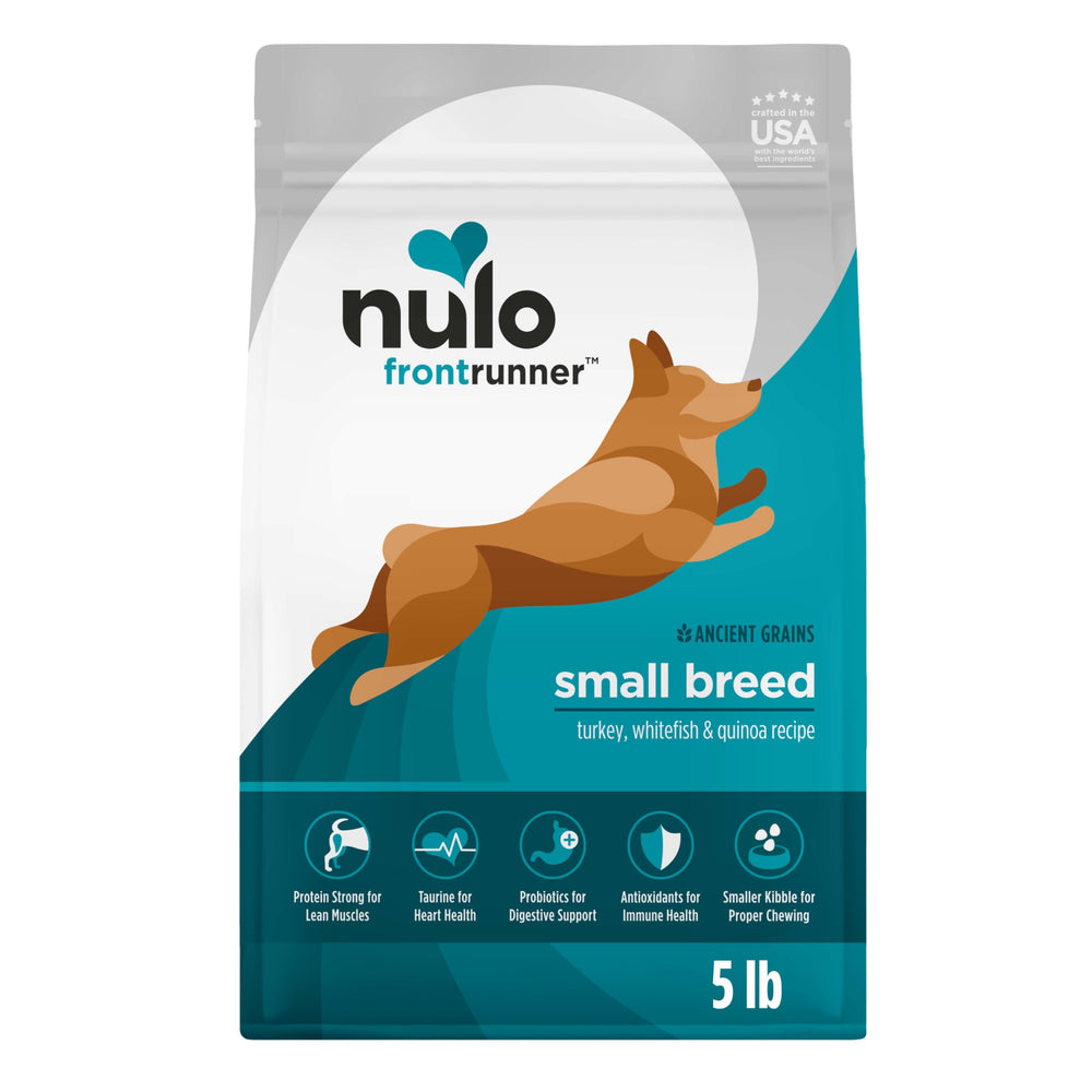 Nulo Frontrunner small breed kibble with turkey and whitefish for lean muscles.