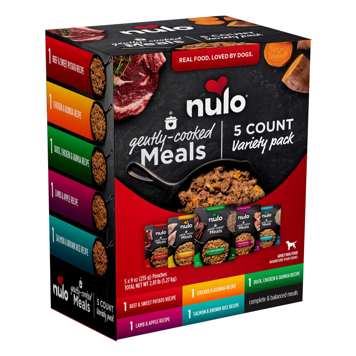 Nulo Gently-Cooked Meals variety pack pouches ready to serve for busy days.