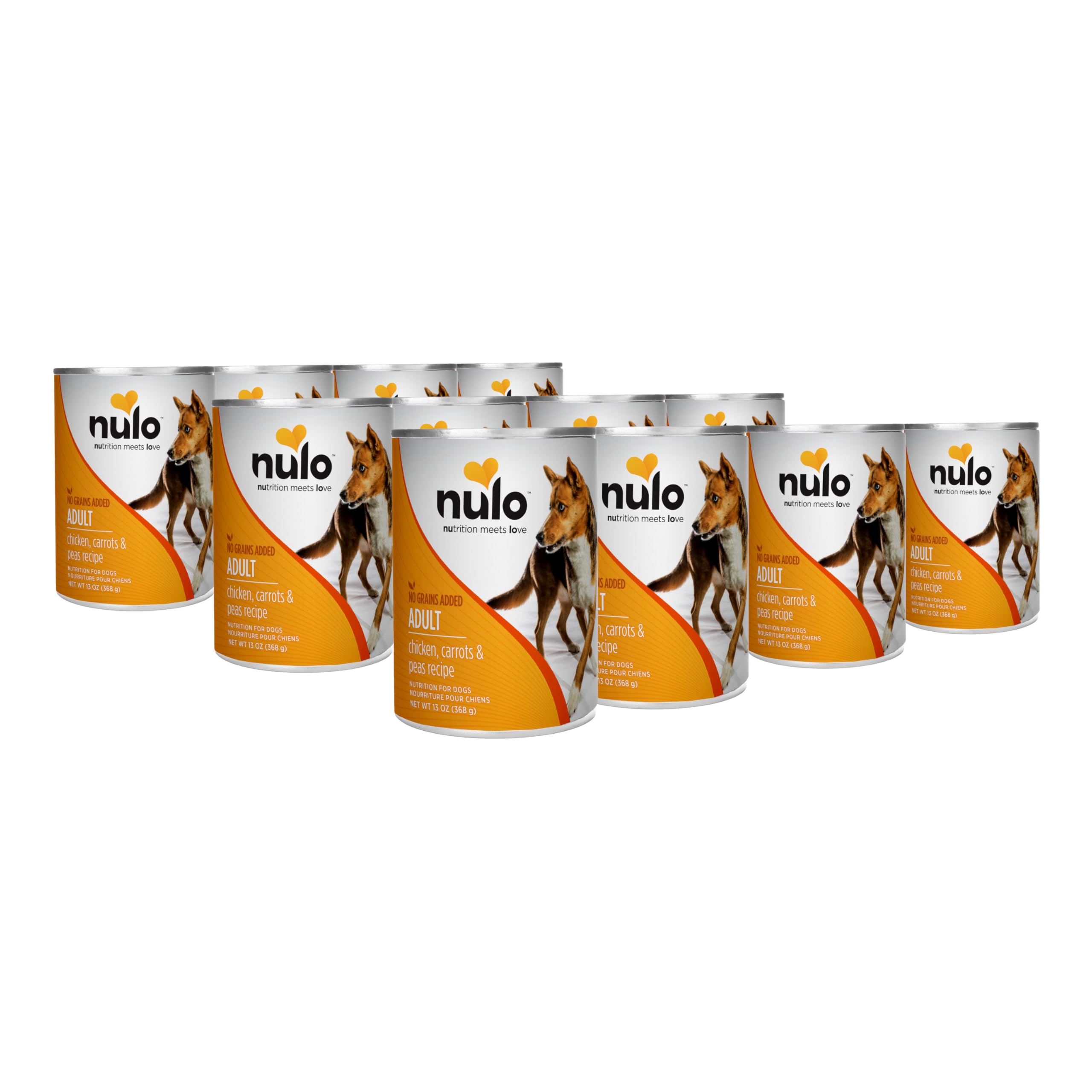 Nulo grain-free chicken wet dog food can; protein-rich meal for adult dogs.