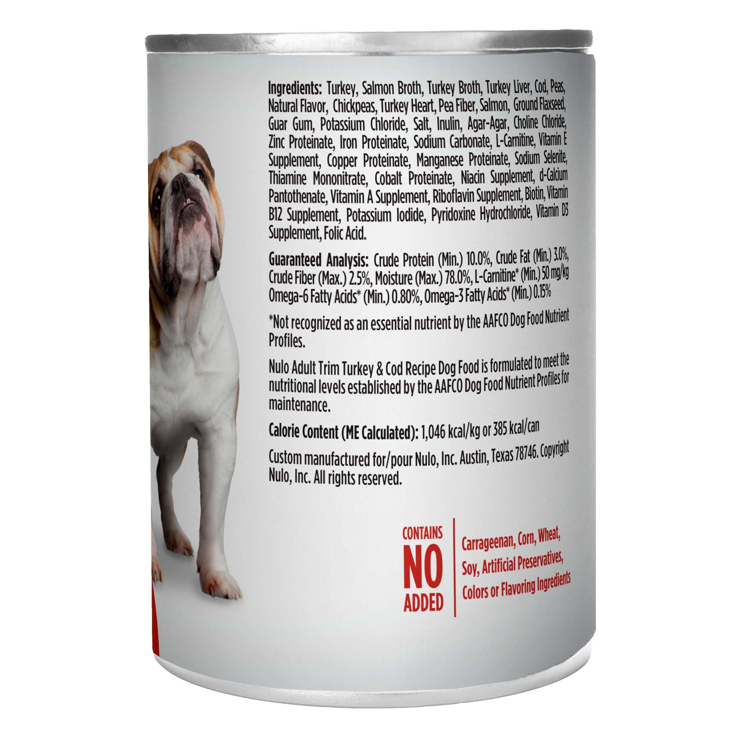 Nulo grain-free turkey cod wet dog food GI-supporting ingredients shown