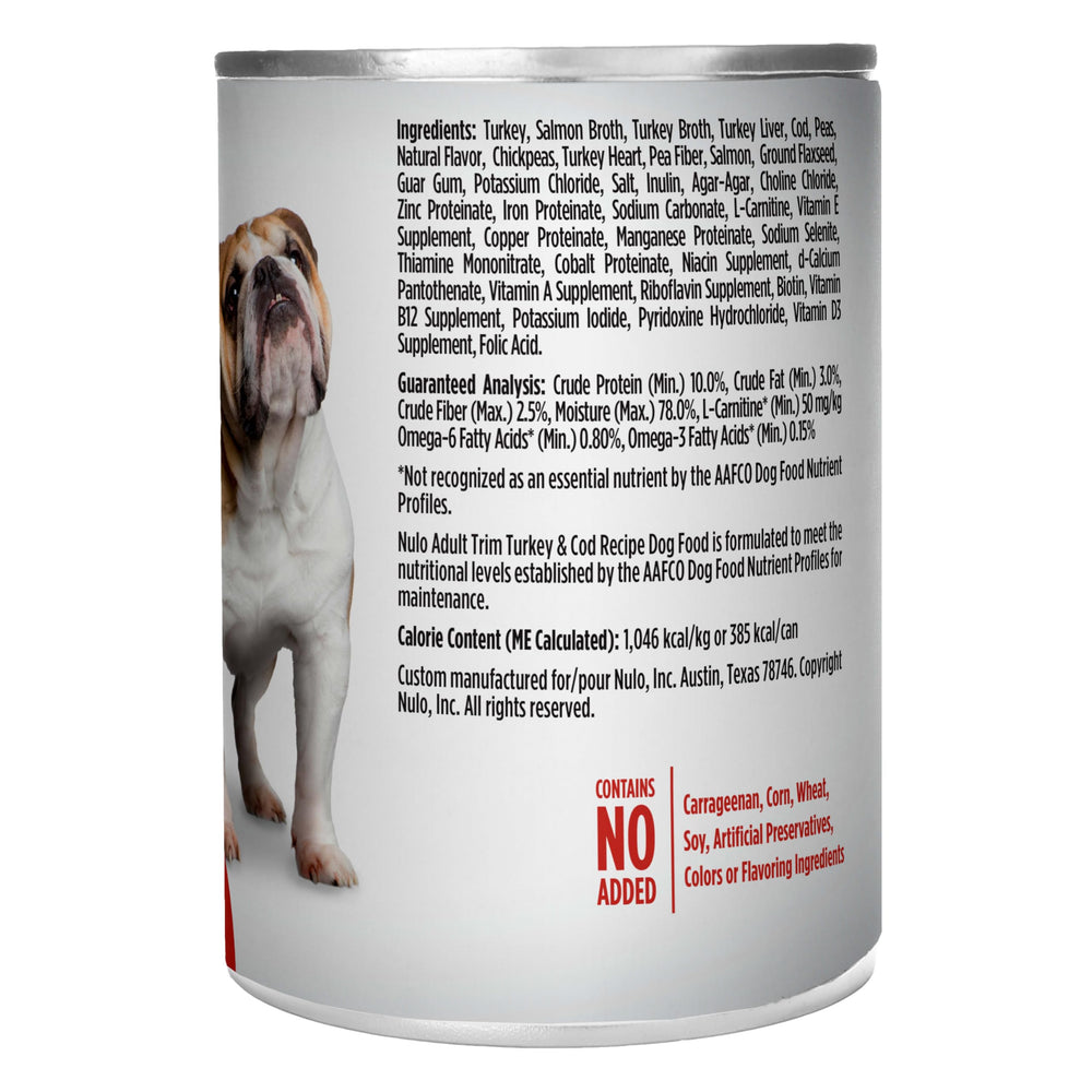 Nulo grain-free turkey cod wet dog food GI-supporting ingredients shown
