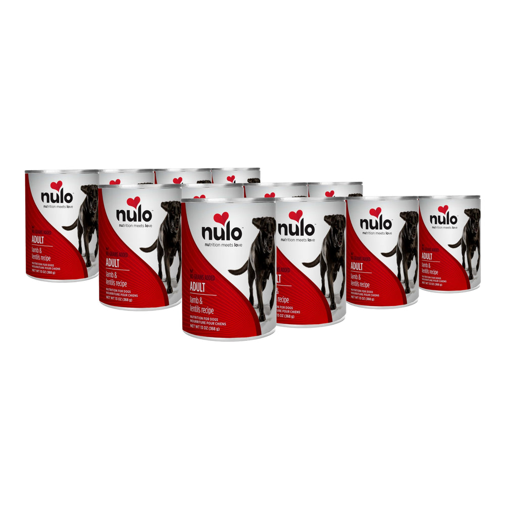 Nulo Lamb and Lentils wet dog food packaging shows 12 cans for convenient meals.