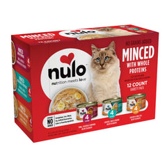 Nulo Minced Variety Pack cans close-up showing rich texture for picky cats.
