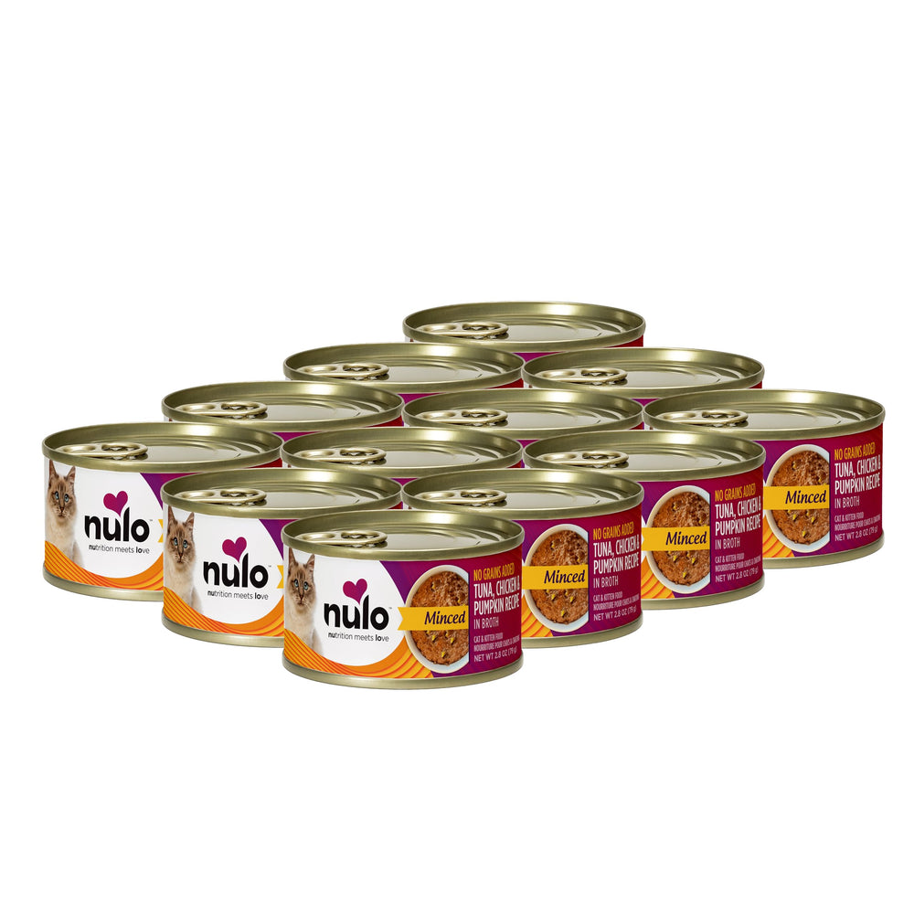 Nulo minced wet cat food can with tuna, chicken, and pumpkin in broth supports hydration.