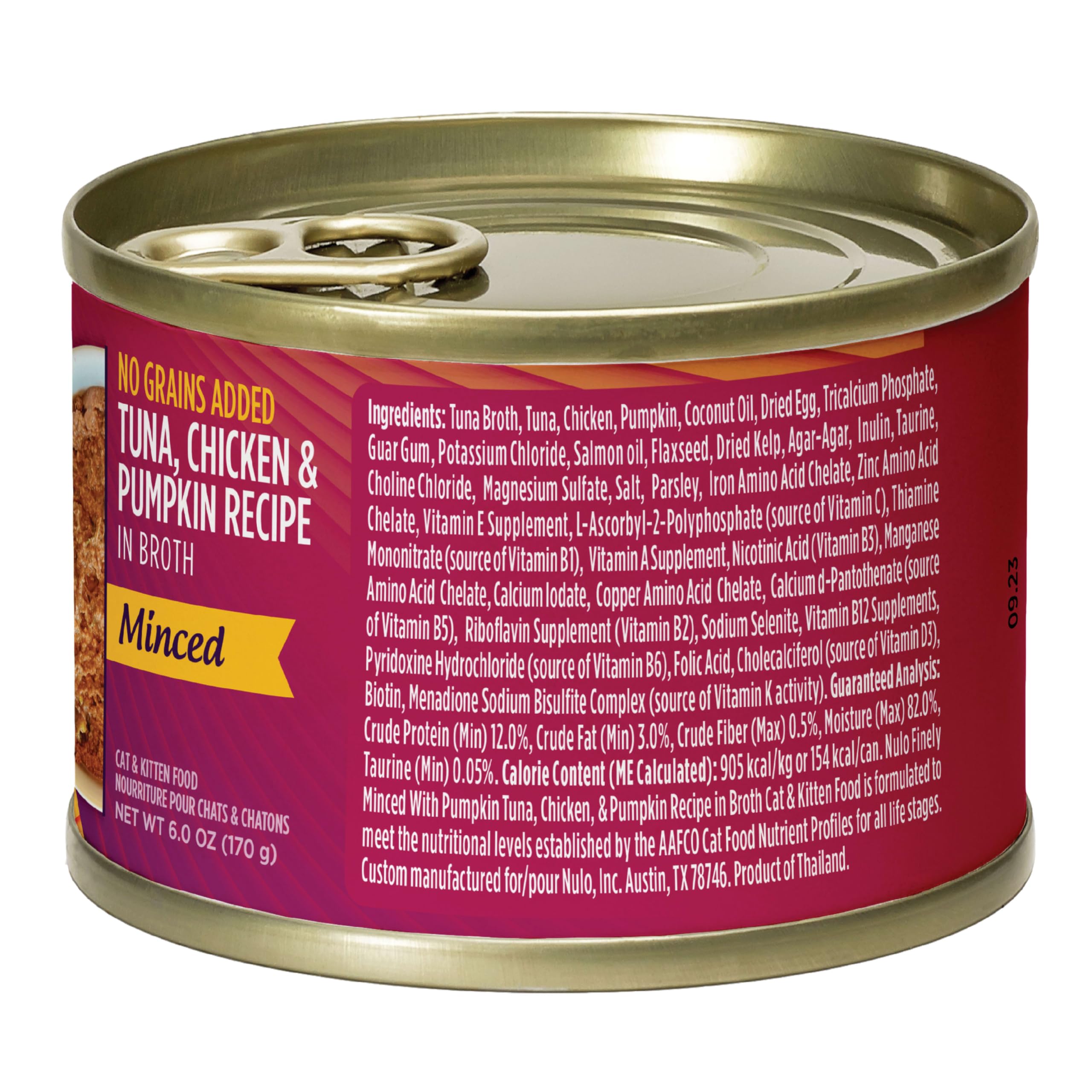 Nulo 8-pack cans on shelf promoting grain-free, clean ingredients