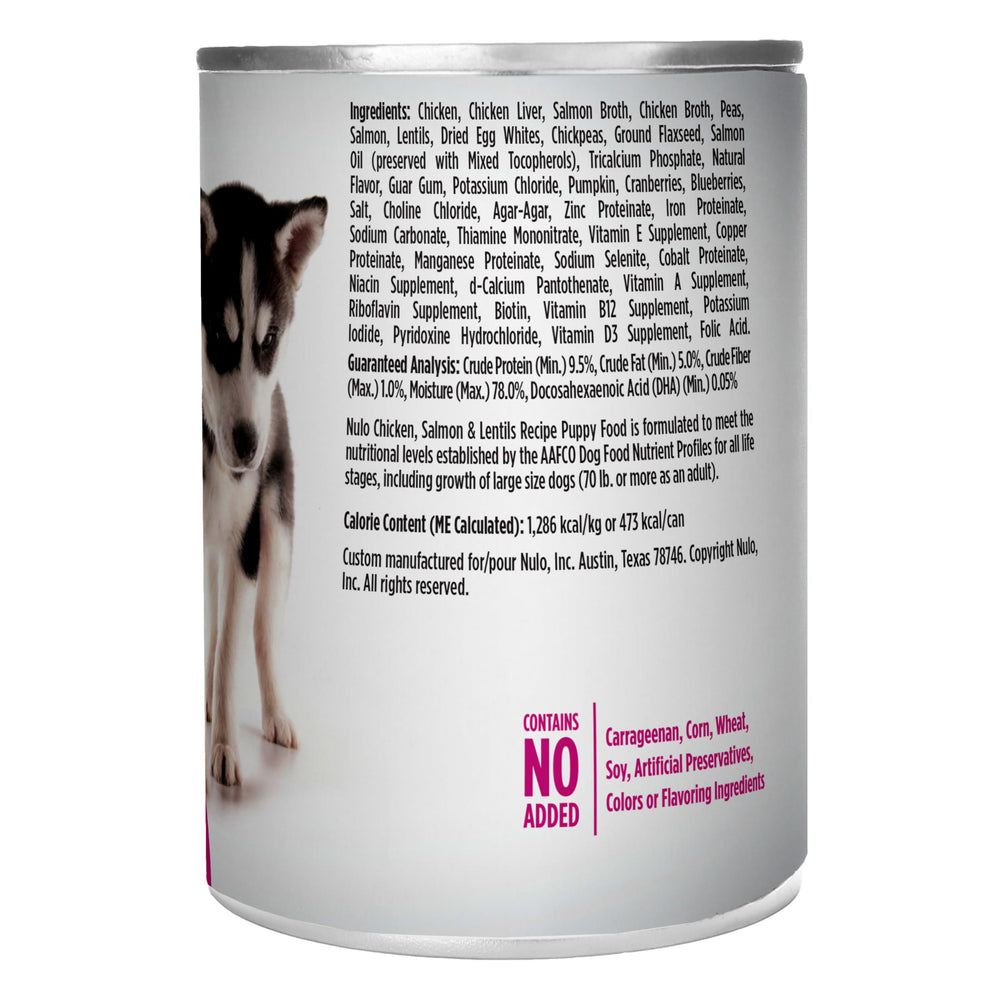 Nulo Puppy can with 13-ounce size communicates portioned feeding options.
