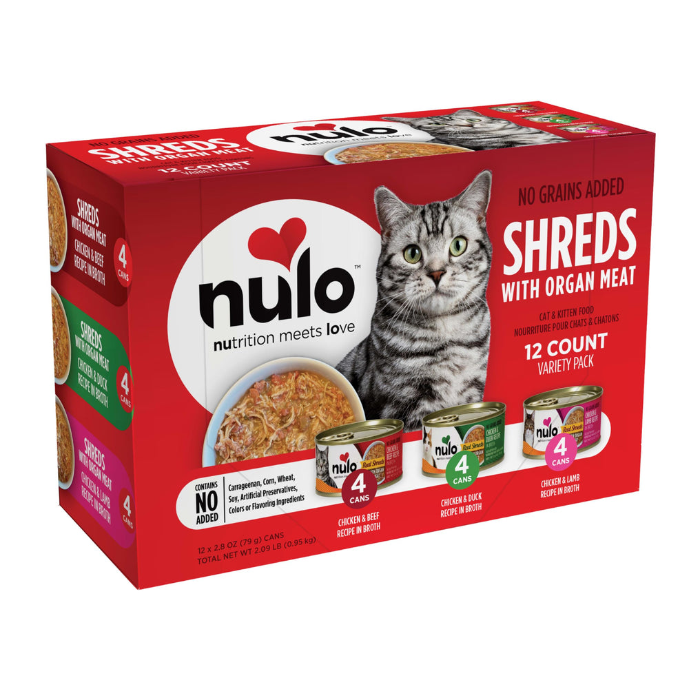 Nulo Real Shreds organ meats can, savory broth entices cats.