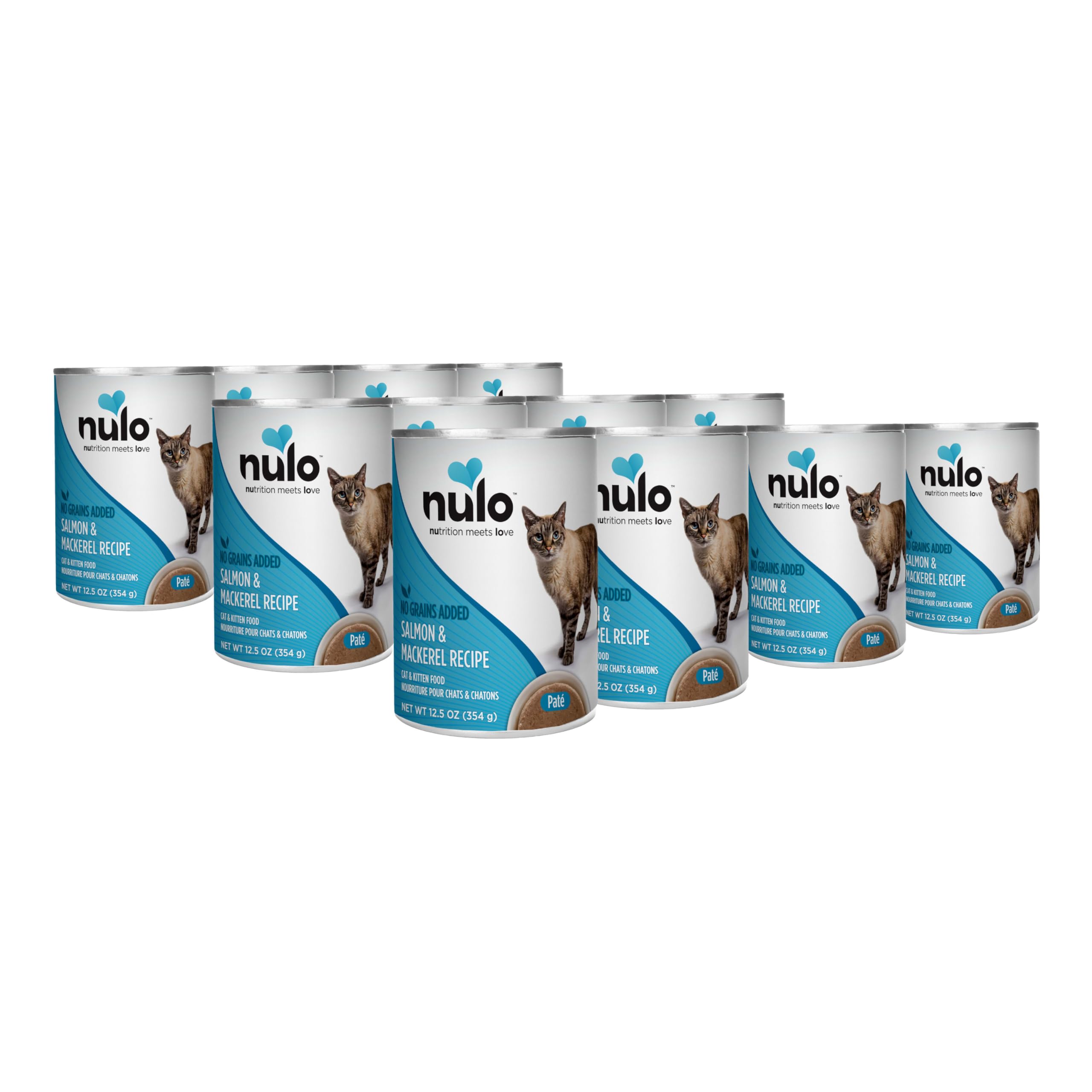 Nulo Salmon & Mackerel Pate cans in a pack provide rich protein for active cats.