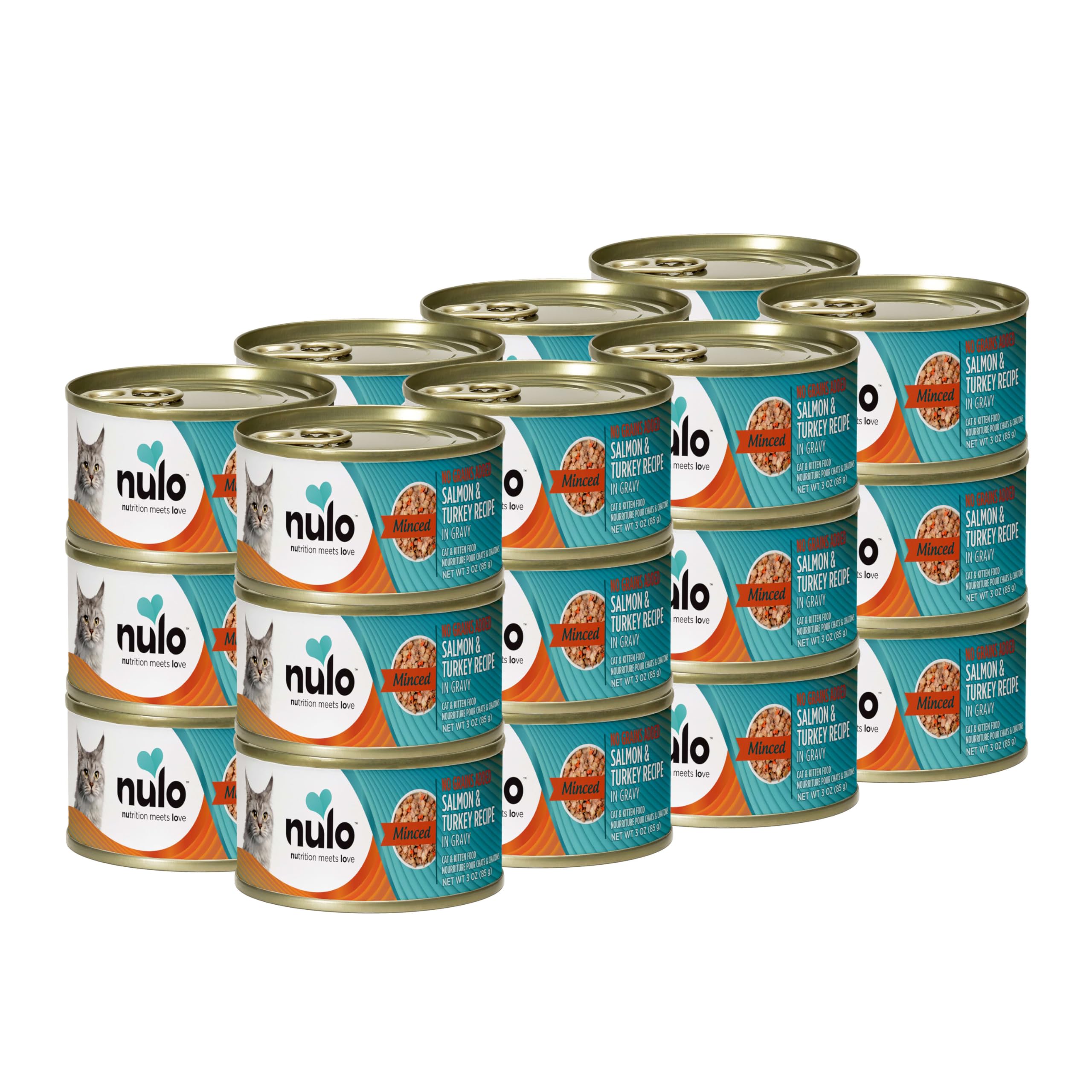 Nulo Salmon and Turkey minced wet cat food pack shows grain free protein for active cats