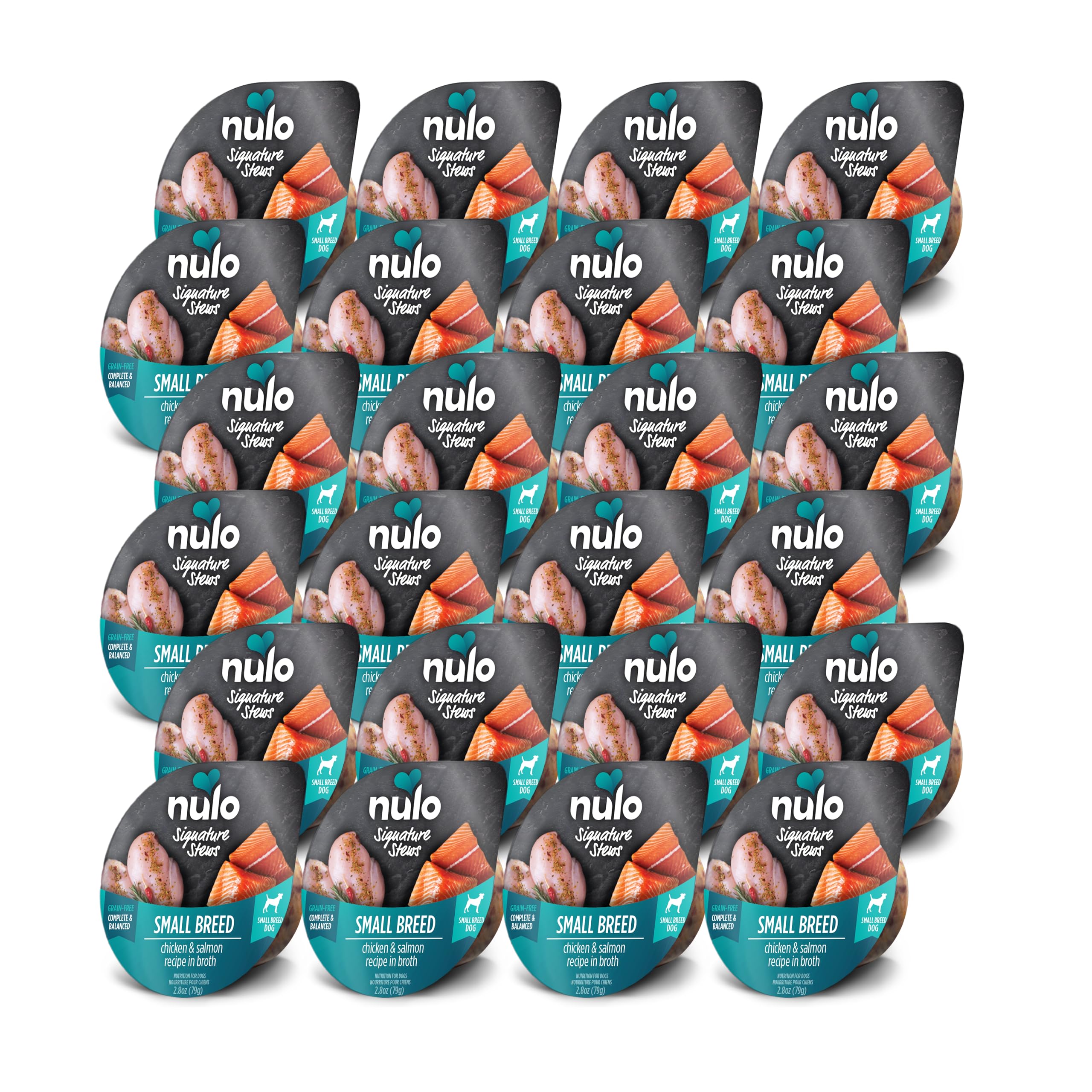 Nulo small-breed stew ingredient chicken-salmon-pumpkin highlights real meat and pumpkin nutrition.