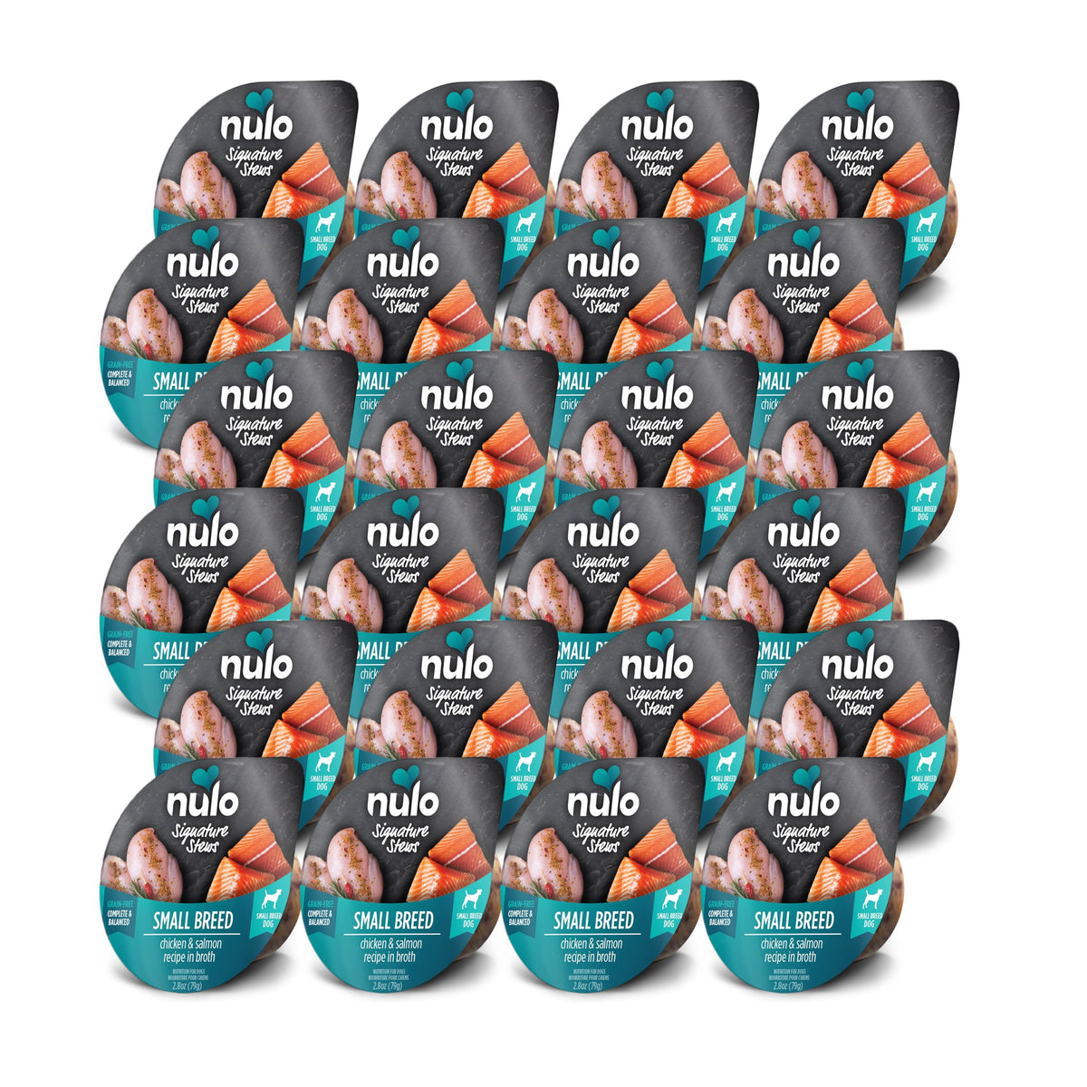 Nulo small-breed stew ingredient chicken-salmon-pumpkin highlights real meat and pumpkin nutrition.