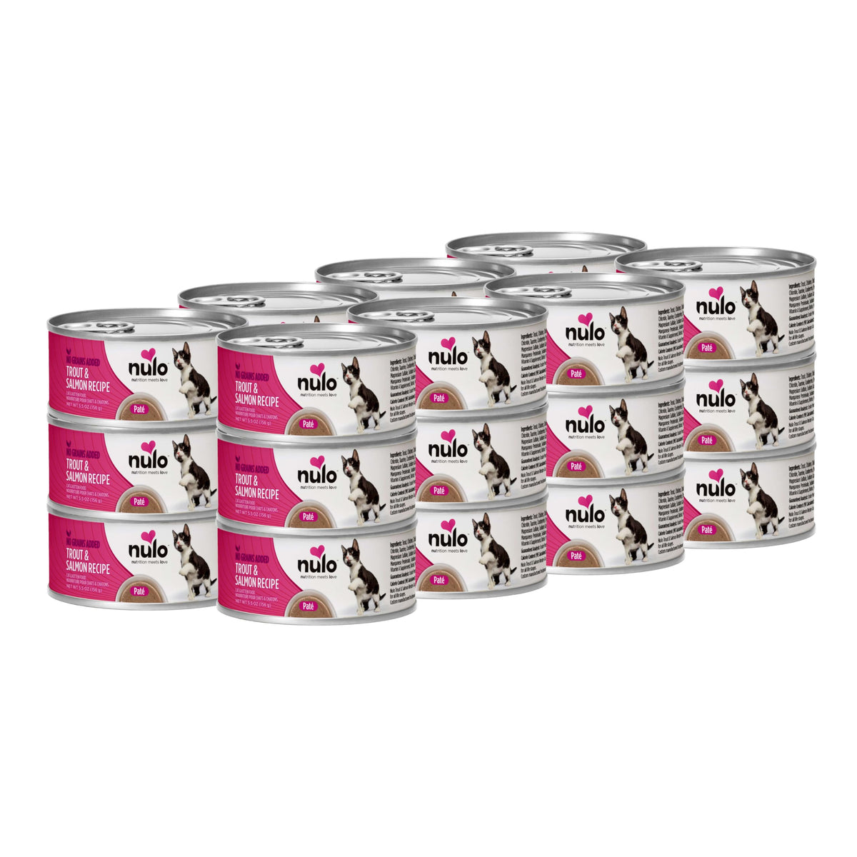 Nulo Trout & Salmon Pate 24-pack cans with savory gravy entice picky cats