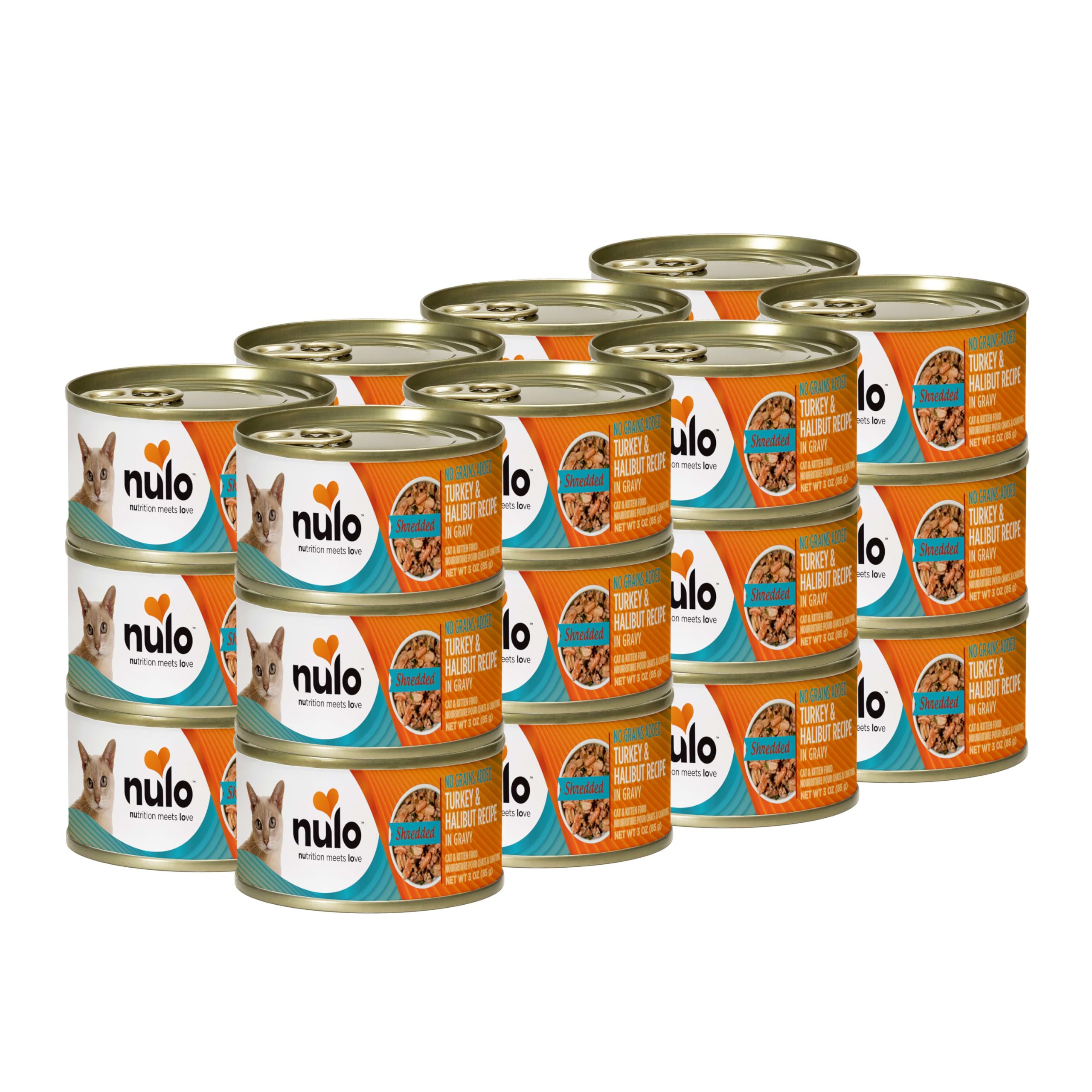 Nulo Turkey & Halibut Shredded Wet Cat Food 3oz can pack, rich protein for lean muscles.