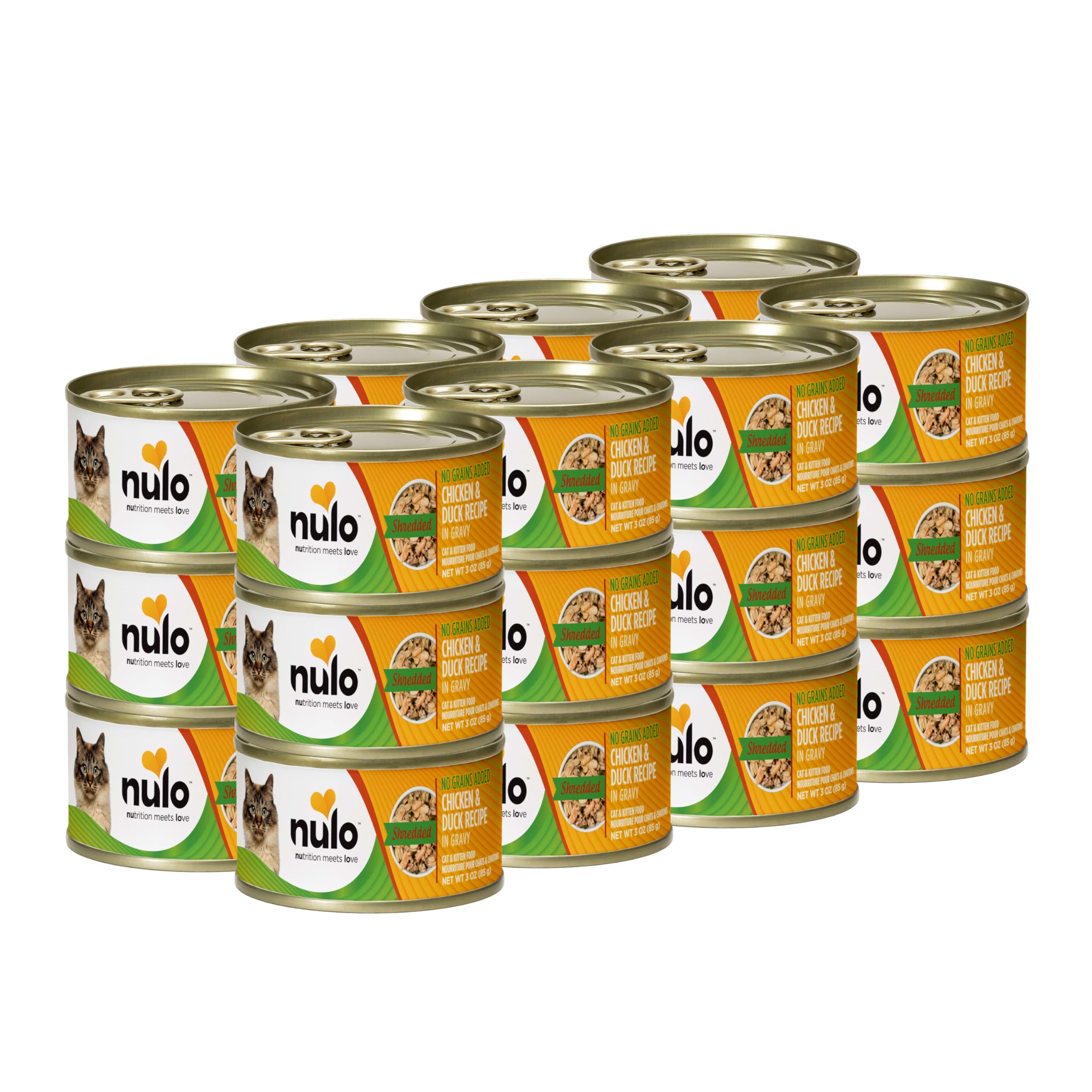 Nulo wet cat food with shredded chicken and duck in gravy supports lean muscle and hydration.