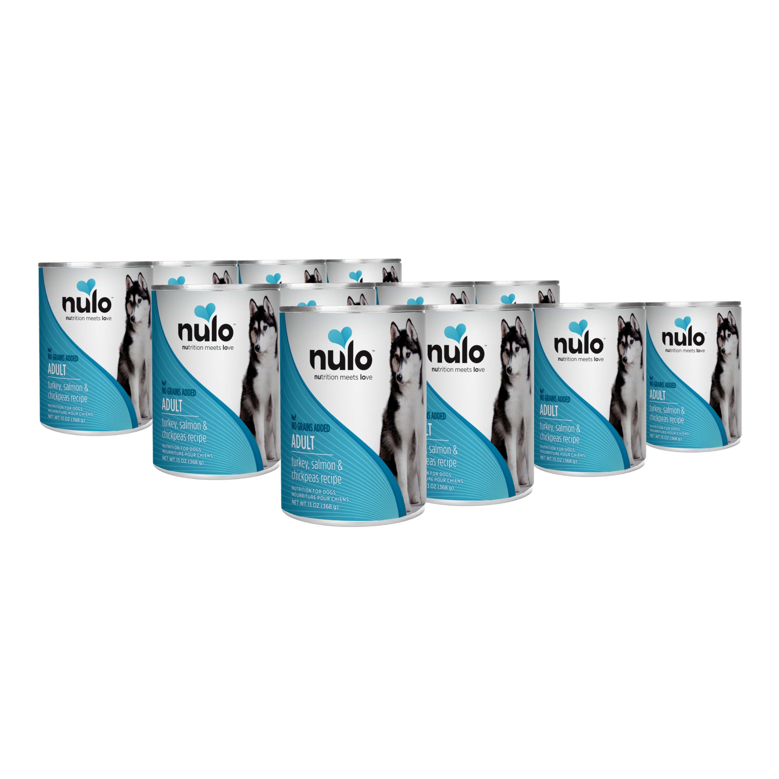Nulo wet dog food can (13 oz) with turkey, salmon, and chickpeas for grain-free meals.