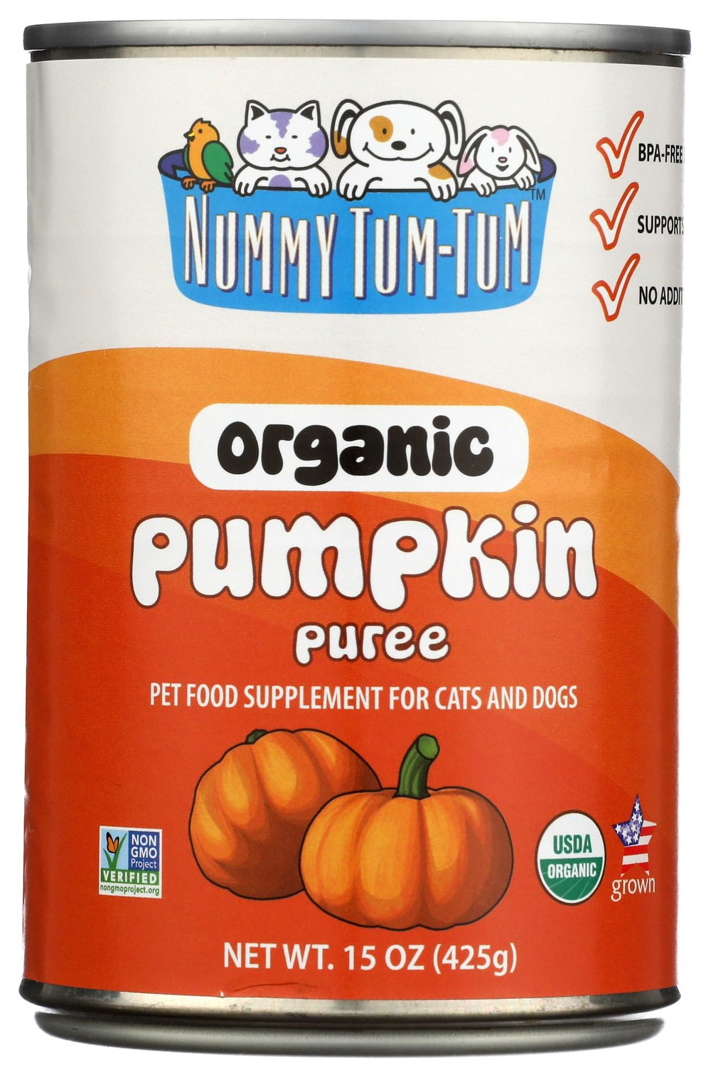 Nummy Tum Tum organic pumpkin canister open, smooth puree ideal as a meal topper.