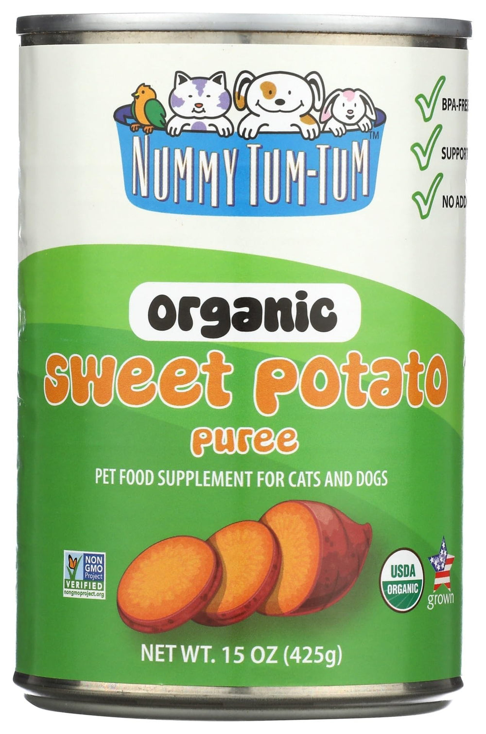 Nummy Tum Tum organic sweet potato bag highlights USA-sourced ingredients for a healthy snack.