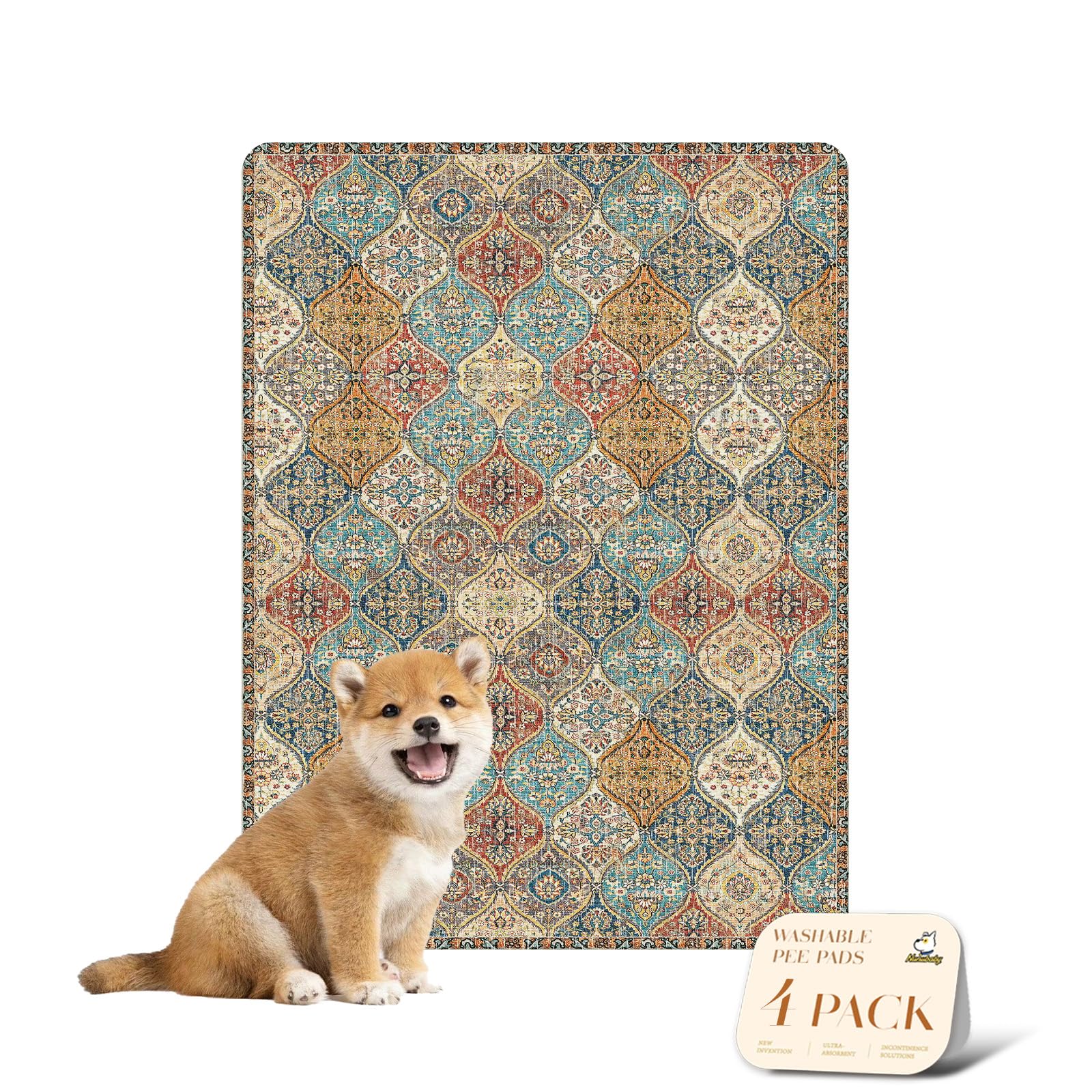 Nunubaby 4PACK washable dog pee pads, cream multi design protects floors