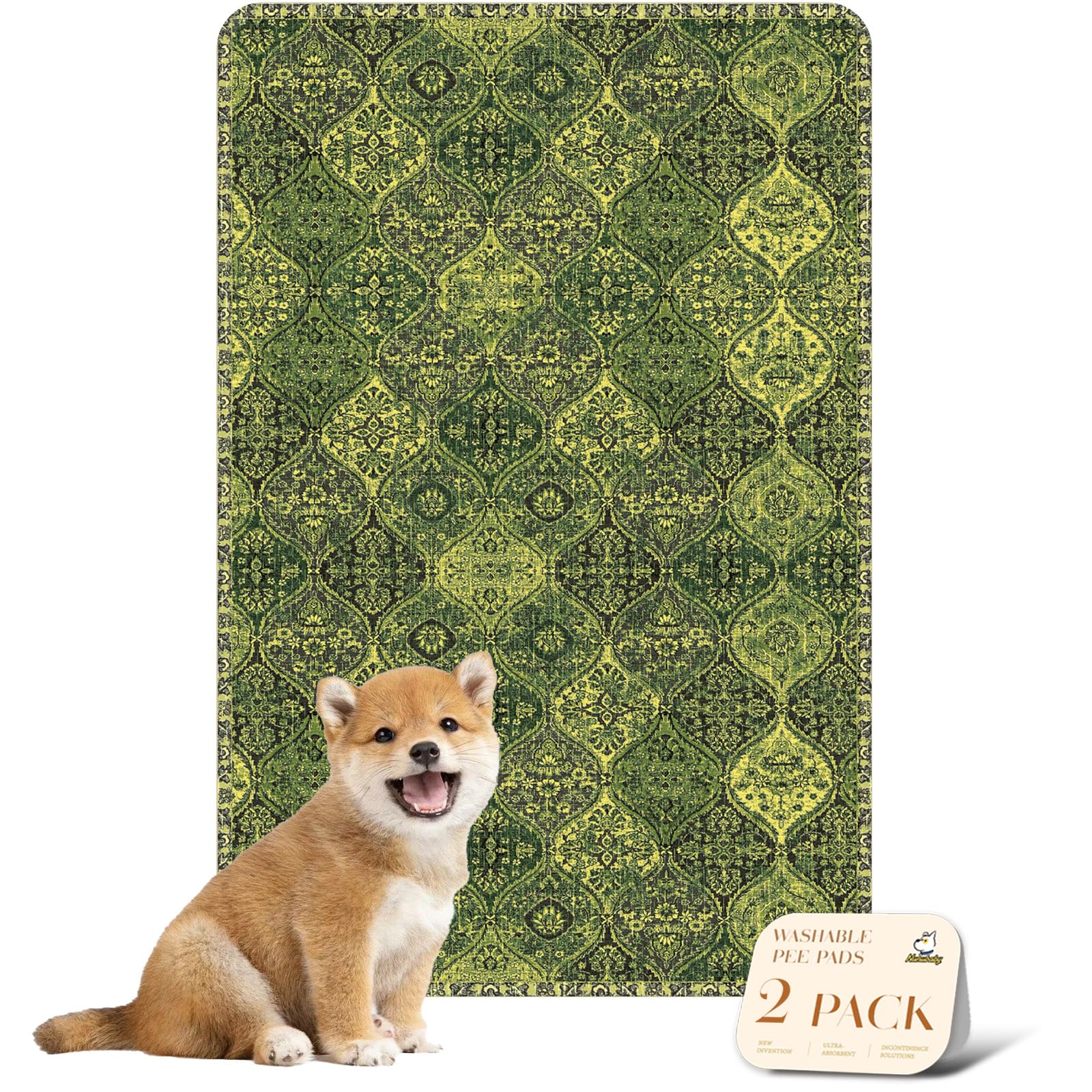 Nunubaby washable pee pad for dogs in green multi, 24x36, protects floors and adds style.