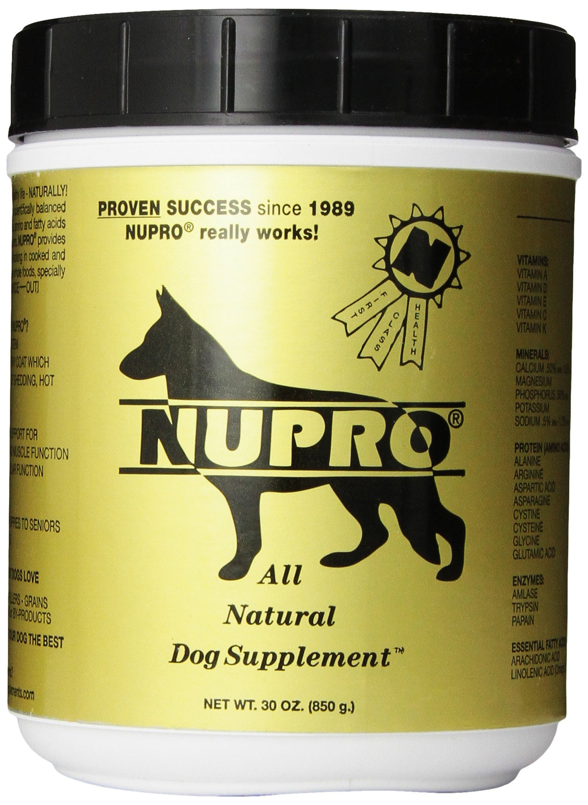 Nupro All Natural Dog Supplement bottle suggesting skin and coat support.