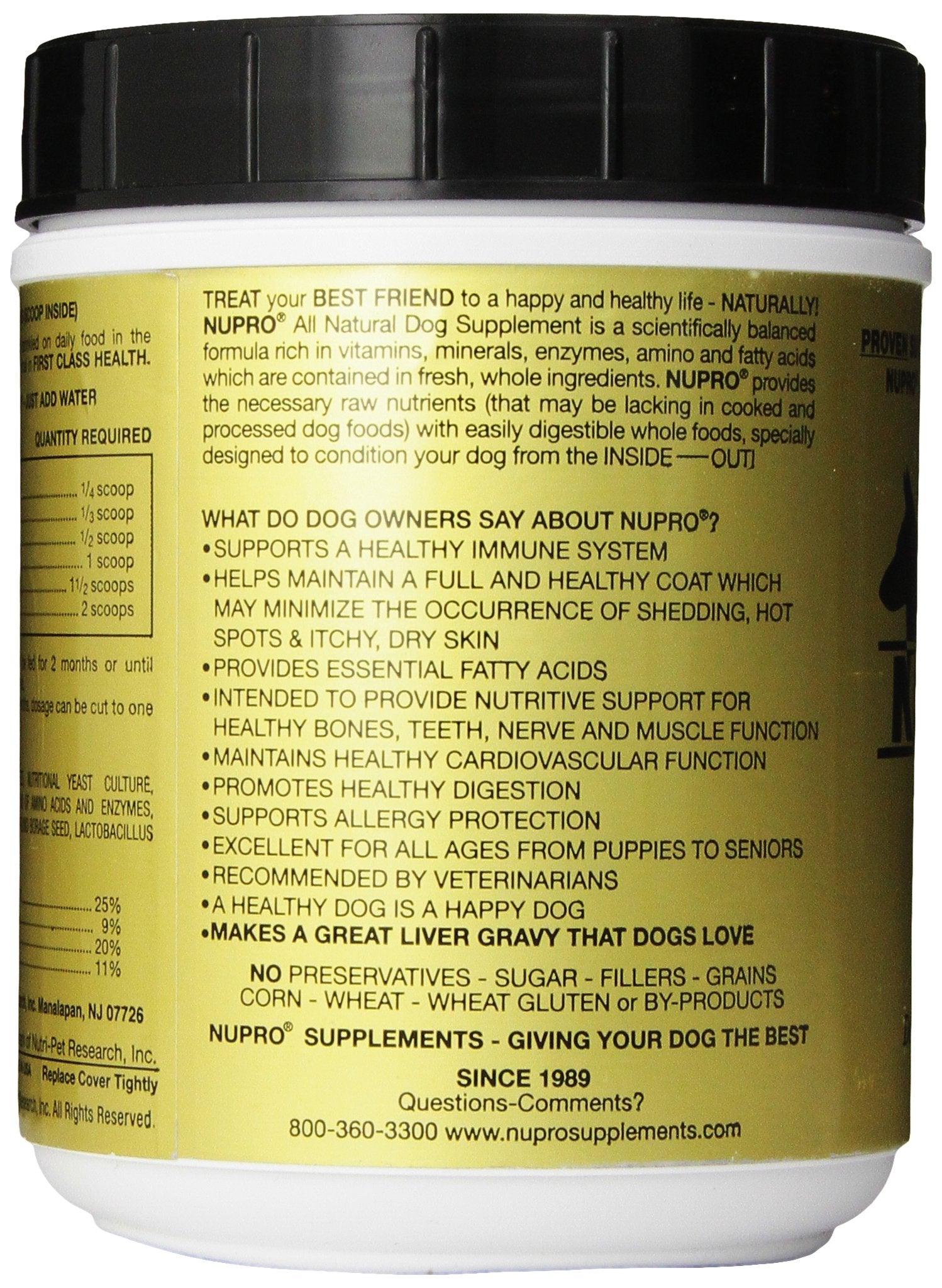 Nupro All Natural Dog Supplement jar close-up with clear ingredient label.