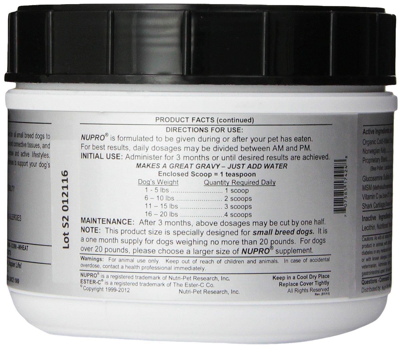 Close-up of glucosamine complex ingredients in Nupro formula.