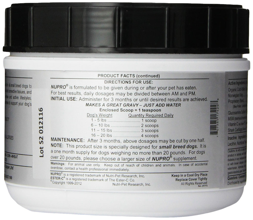 Close-up of glucosamine complex ingredients in Nupro formula.