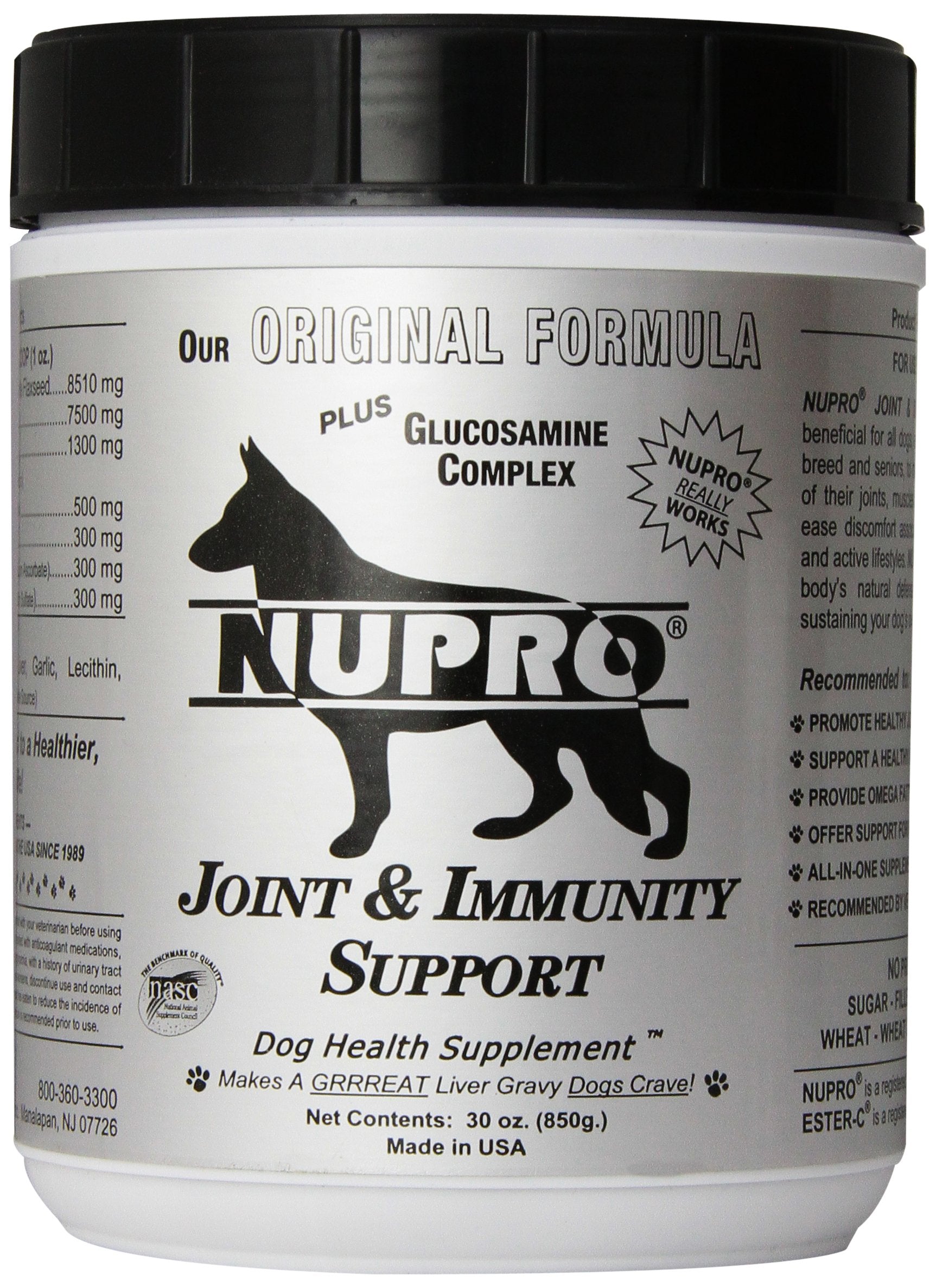 Nupro Joint Support bottle showing all-natural dog supplement for joints.