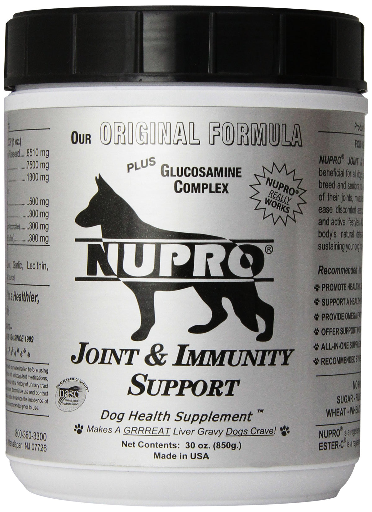 Nupro Joint Support bottle showing all-natural dog supplement for joints.