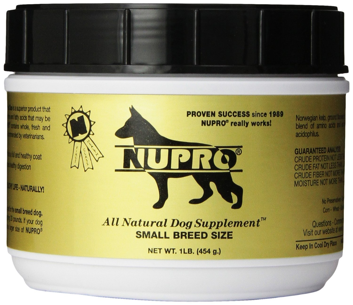Nupro Nutri-Pet small-breed bottle label showing vitamins for overall wellness