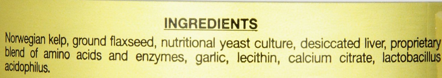 Nupro Nutri-Pet small-breed ingredients panel with kelp and flaxseed