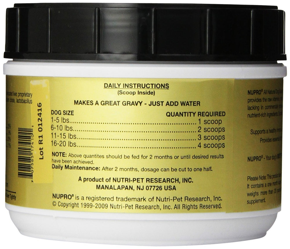 Nupro Nutri-Pet small-breed jar front highlighting glucosamine and fatty acids