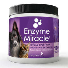NUSENTIA Enzyme Miracle powder in pet food bowl supports digestion and nutrient absorption.