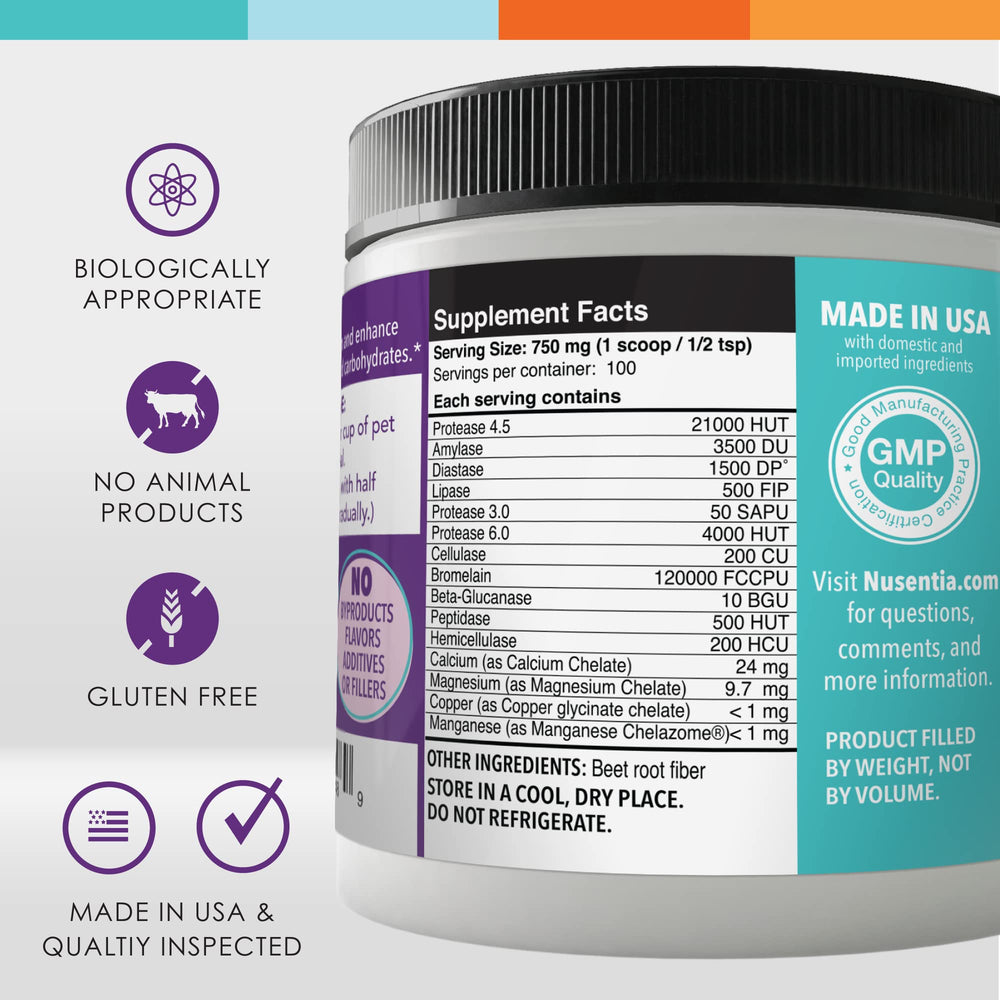 NUSENTIA Enzyme Miracle vet-recommended seal signals trusted wellness support.